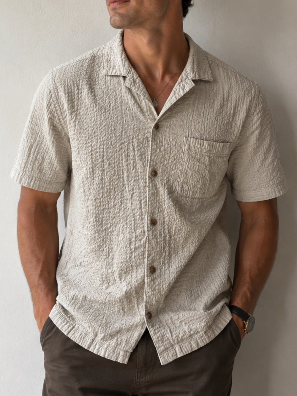 Panama Jack Men’s Coastal Sand Seersucker Button Up | Size S